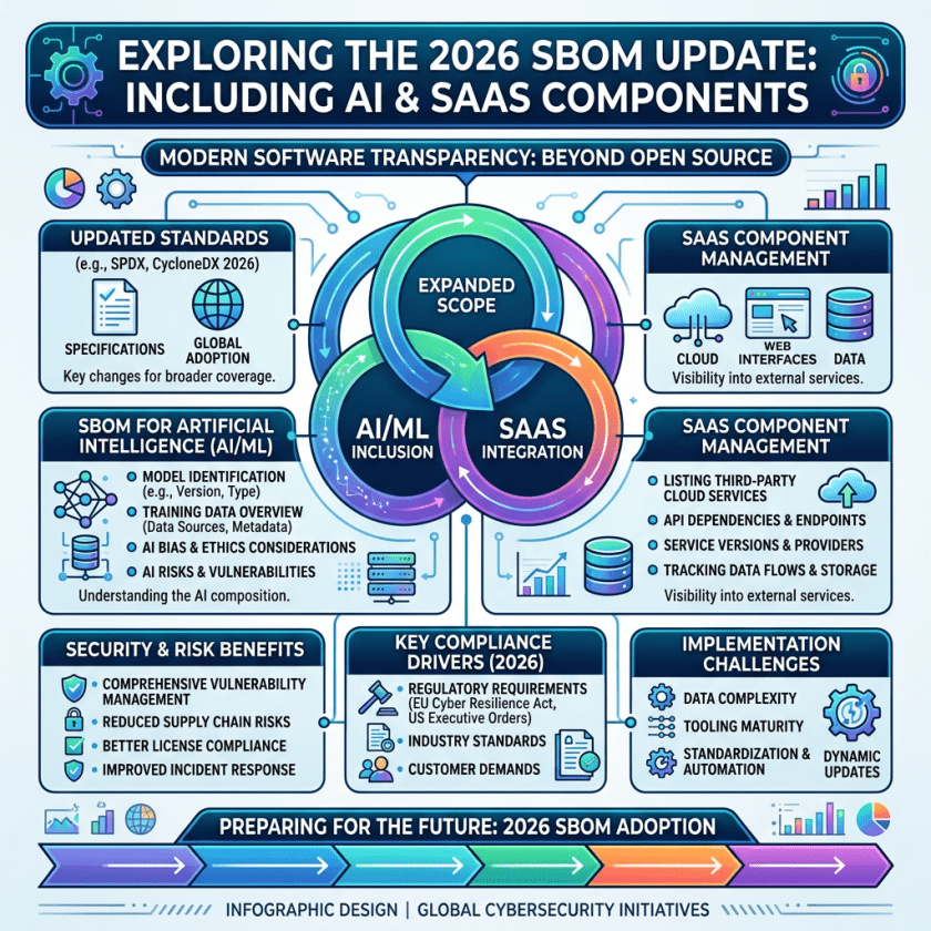 Infographic showing 2026 SBOM update focusing on AI inclusion, SaaS integration, updated standards, security benefits, compliance drivers, and implementation challenges