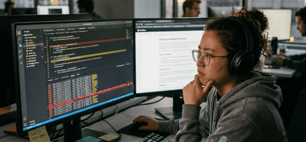 Software developer with headphones working on code displayed on two monitors in an office