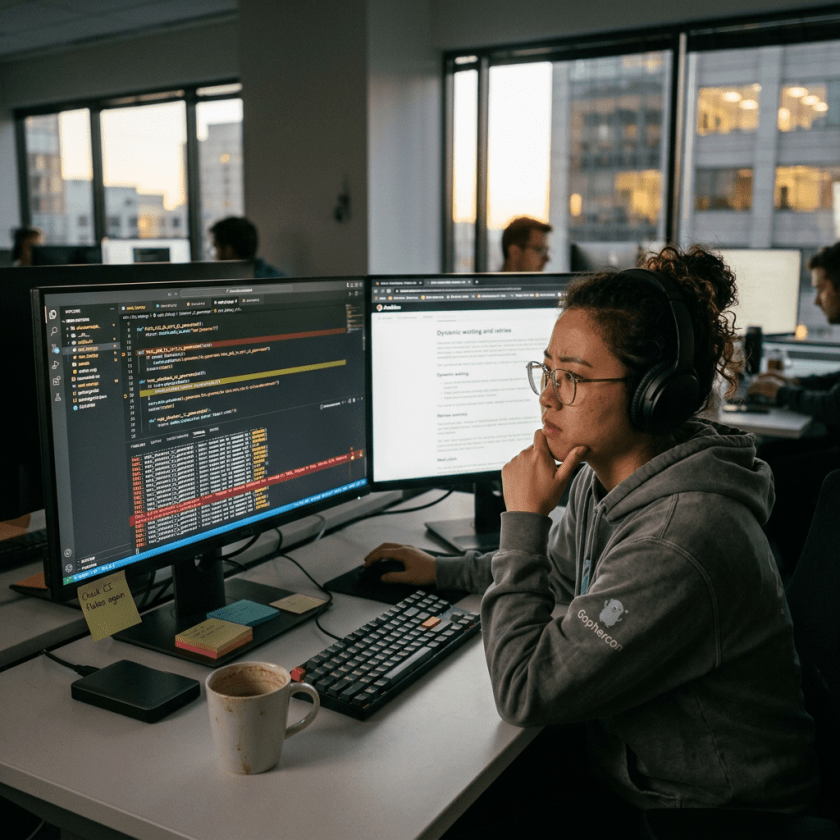 Software developer with headphones working on code displayed on two monitors in an office