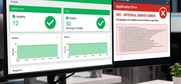 Dual computer monitors showing Kubernetes dashboard with healthy deployments and an application error 500 internal server error message