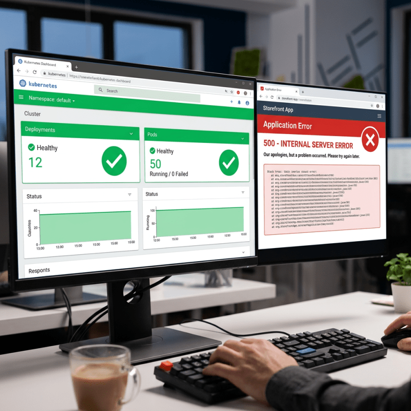 Dual computer monitors showing Kubernetes dashboard with healthy deployments and an application error 500 internal server error message