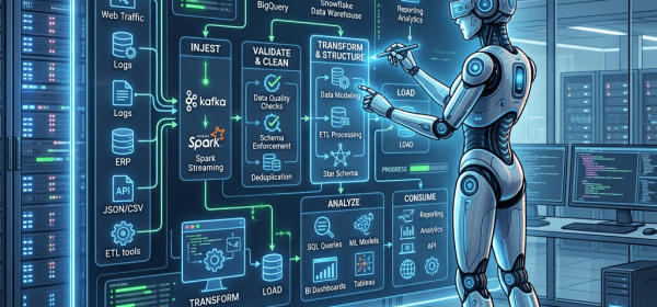 Humanoid robot interacting with structured data pipeline digital dashboard showing data sources, ingestion, validation, transformation, analysis, and consumption stages