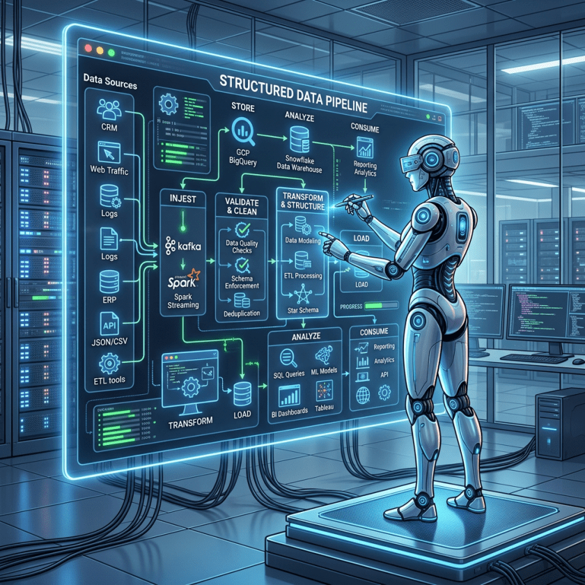 Humanoid robot interacting with structured data pipeline digital dashboard showing data sources, ingestion, validation, transformation, analysis, and consumption stages