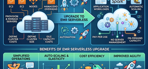 Diagram comparing Amazon EMR managed clusters with EMR Serverless including automation and benefits