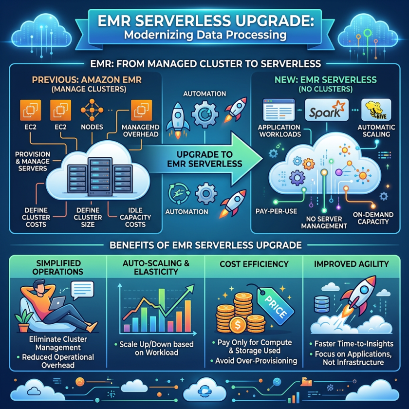 Diagram comparing Amazon EMR managed clusters with EMR Serverless including automation and benefits
