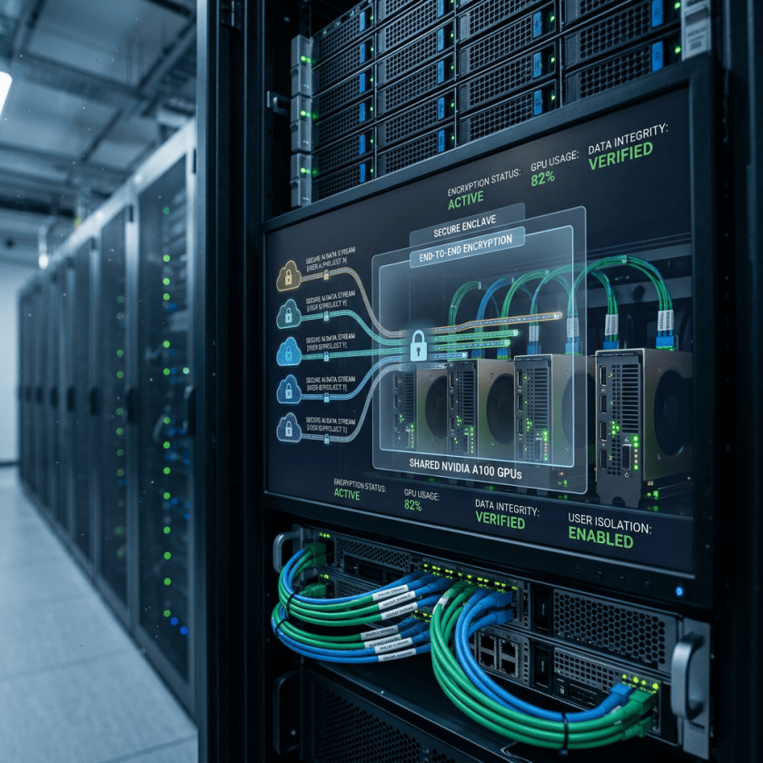 Server rack with connected network cables and monitor showing GPU encryption and status details
