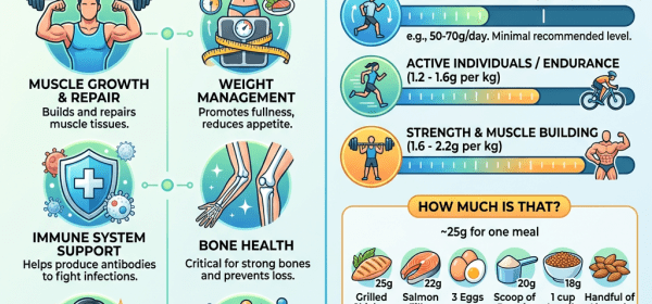 Infographic showing key benefits of protein, daily intake ranges for adults, and preferred protein sources
