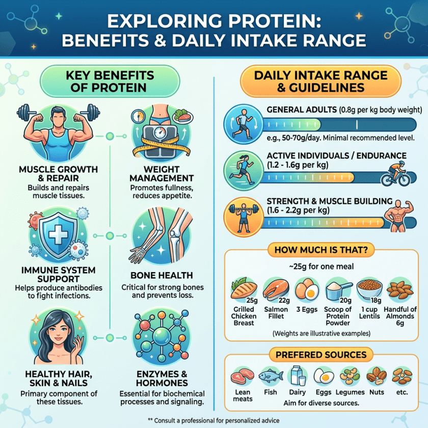 Infographic showing key benefits of protein, daily intake ranges for adults, and preferred protein sources