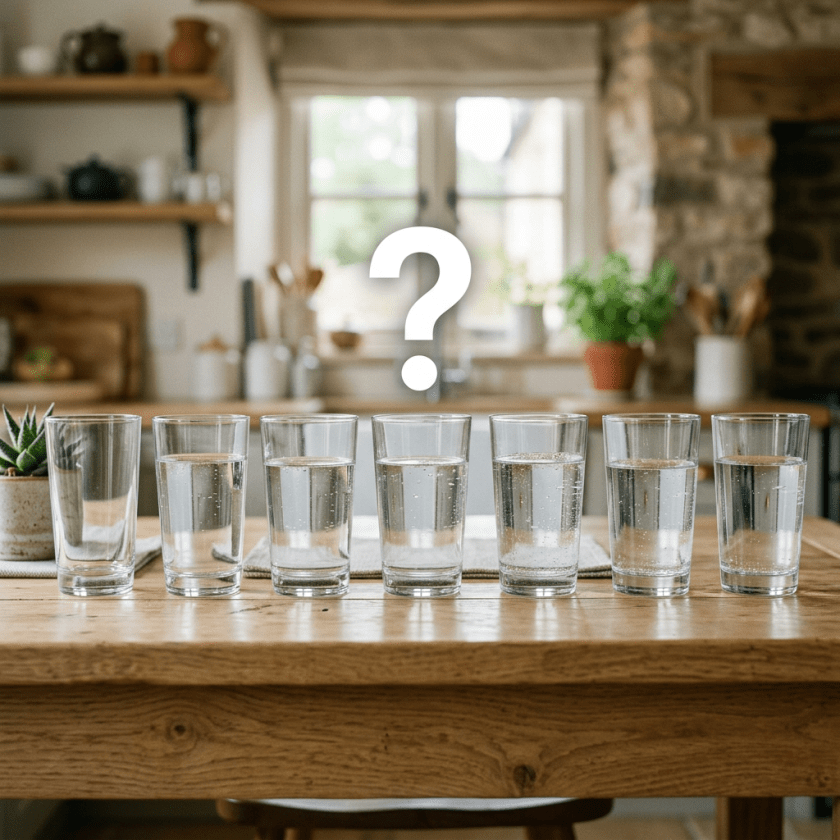 Seven glasses filled with water lined up on a wooden table