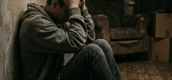 Young man sitting on floor against wall holding his head in distress