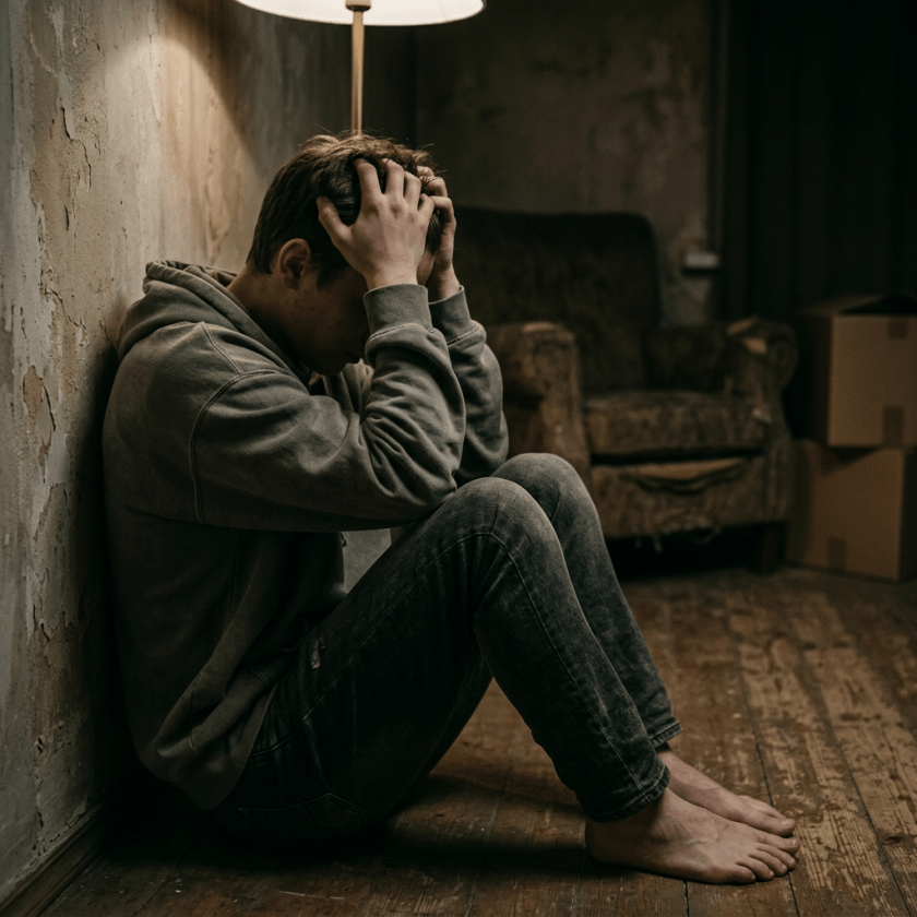 Young man sitting on floor against wall holding his head in distress