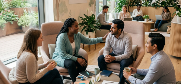 Four people in a wellness center seated and talking supportively