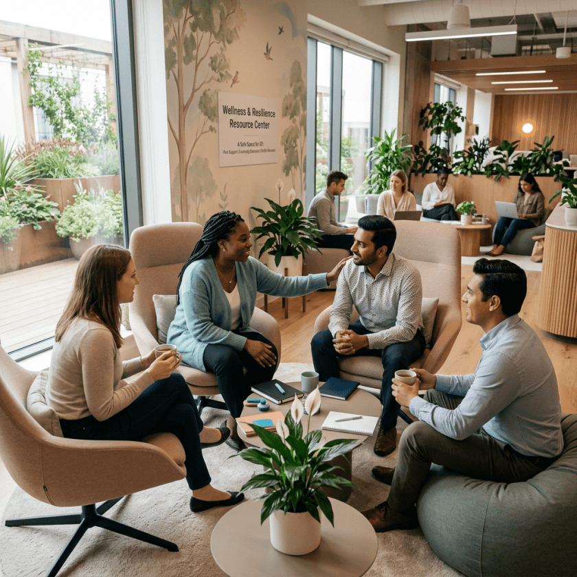 Four people in a wellness center seated and talking supportively