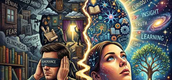 Man blindfolded with ignorance holding a book, woman looking up surrounded by symbols of knowledge