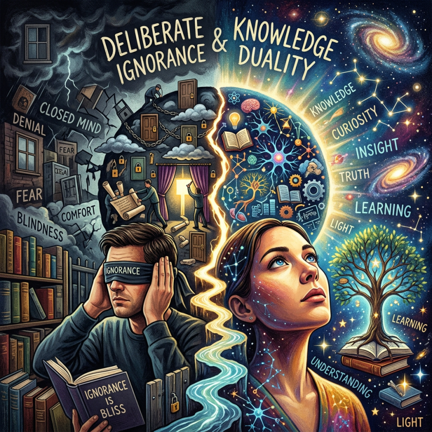 Man blindfolded with ignorance holding a book, woman looking up surrounded by symbols of knowledge