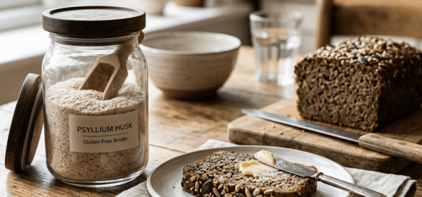 Jar of psyllium husk gluten-free binder with wooden scoop, slice of seeded gluten-free bread with butter on plate, loaf on board