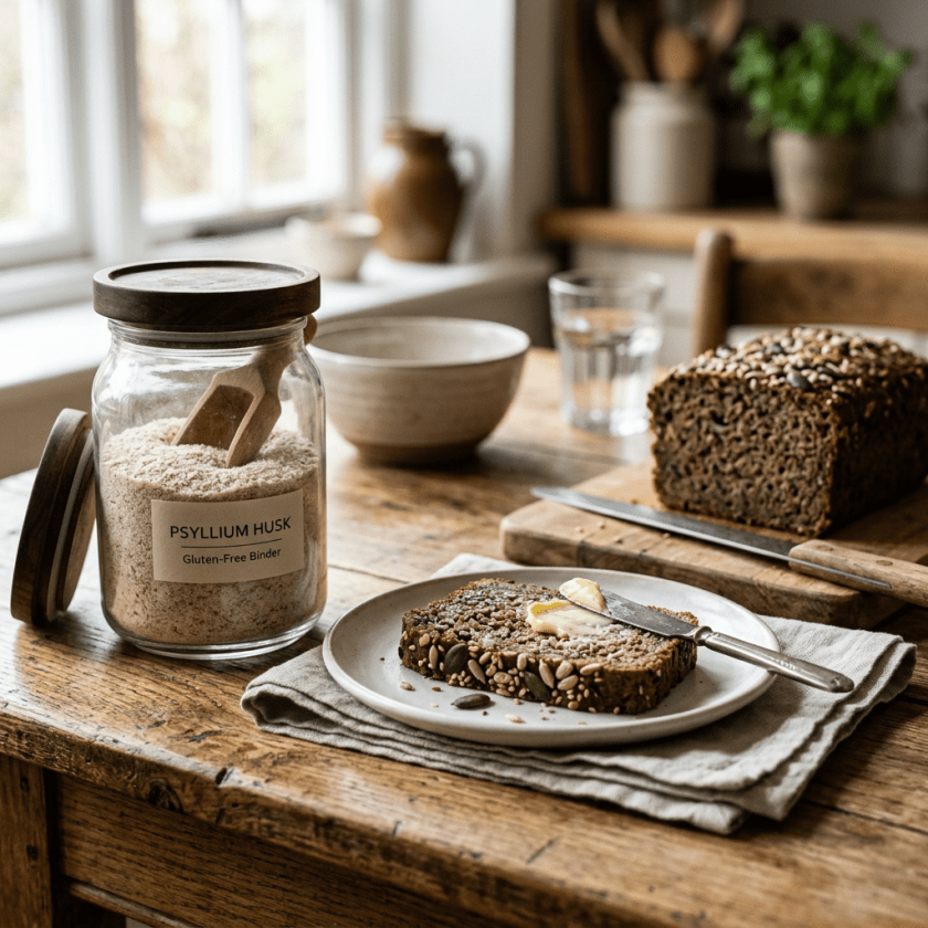 Jar of psyllium husk gluten-free binder with wooden scoop, slice of seeded gluten-free bread with butter on plate, loaf on board