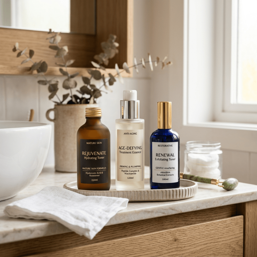 Three skincare bottles labeled Rejuvenate Hydrating Toner, Age-Defying Treatment Essence, and Renewal Exfoliating Toner