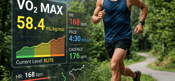 Runner on outdoor trail with VO2 max 58.4, heart rate 168 bpm, pace 4:30 min/km, cadence 176 spm