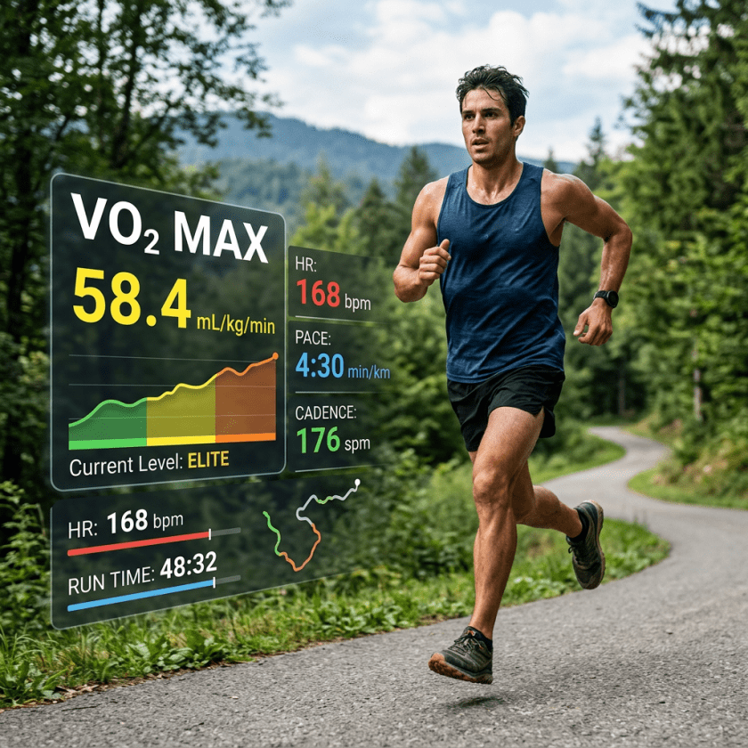 Runner on outdoor trail with VO2 max 58.4, heart rate 168 bpm, pace 4:30 min/km, cadence 176 spm