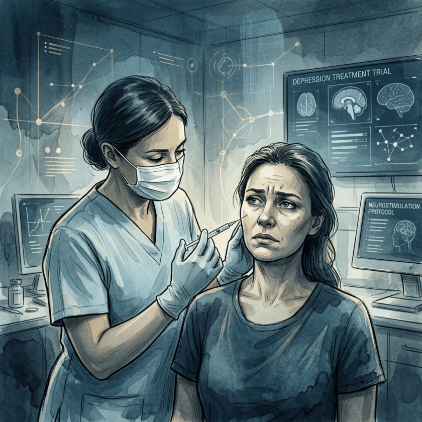 Healthcare worker injecting a woman during depression treatment trial