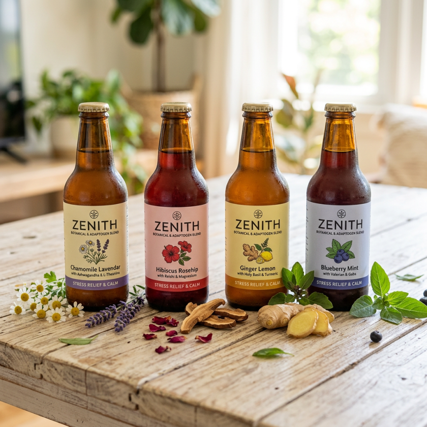 Four bottles of Zenith botanical and adaptogen blend drinks: Chamomile Lavender, Hibiscus Rosehip, Ginger Lemon, and Blueberry Mint with corresponding herbs and roots