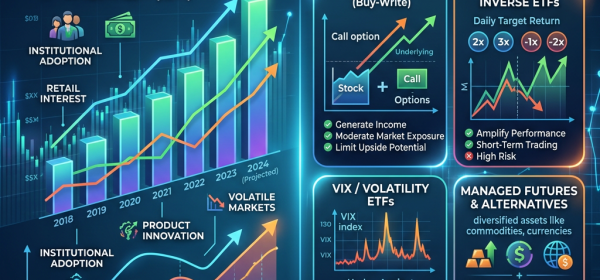 Infographic on growth drivers and strategies of derivative-based ETFs including global assets, institutional adoption, and product types