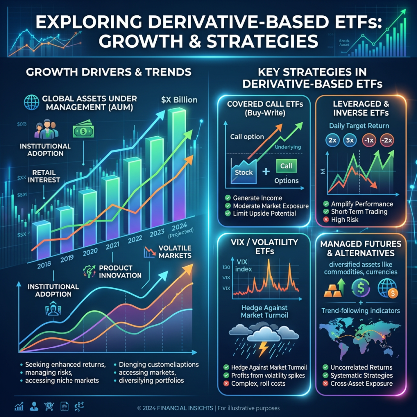 Infographic on growth drivers and strategies of derivative-based ETFs including global assets, institutional adoption, and product types