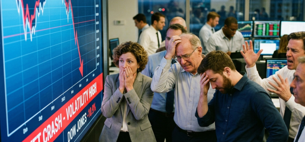 Group of office workers showing shock and concern in front of a screen showing a declining stock market graph with market crash warning