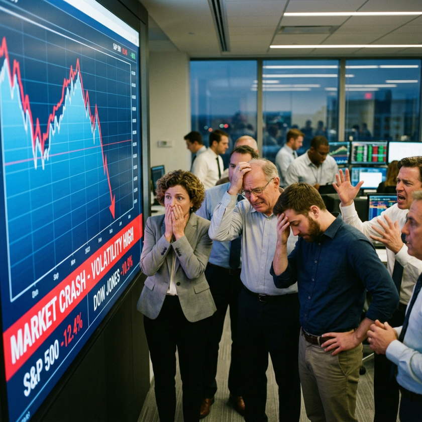 Group of office workers showing shock and concern in front of a screen showing a declining stock market graph with market crash warning