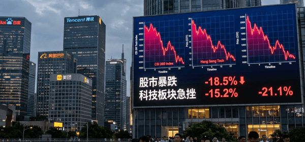 Digital billboard showing stock market declines and percentage drops in a bustling city area
