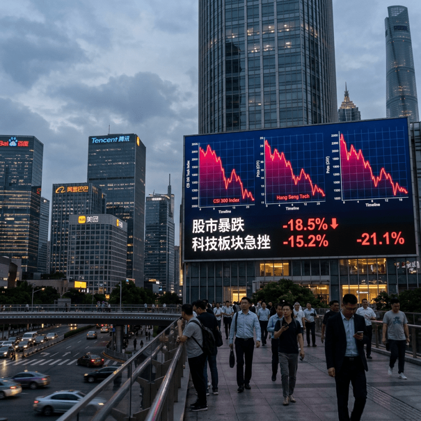 Digital billboard showing stock market declines and percentage drops in a bustling city area