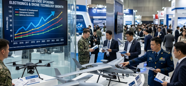 Display of various Asian unmanned drone models with defense spending growth chart and military personnel discussing