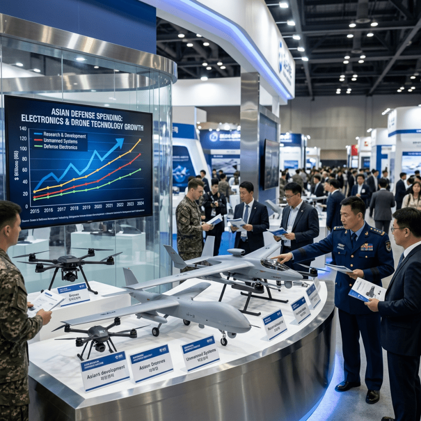 Display of various Asian unmanned drone models with defense spending growth chart and military personnel discussing