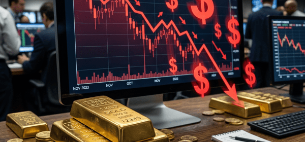 Computer screen displaying Dow Jones market index falling 8.4% with gold bars and coins on desk