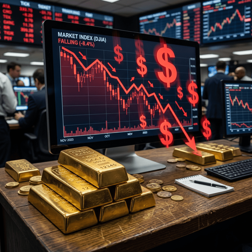 Computer screen displaying Dow Jones market index falling 8.4% with gold bars and coins on desk