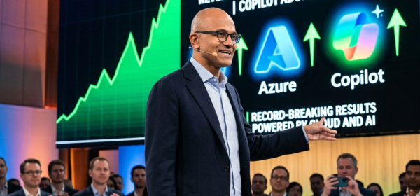 Microsoft CEO presenting Q1 earnings surge with revenue up 25%, Azure growth 40%, Copilot adoption 60%