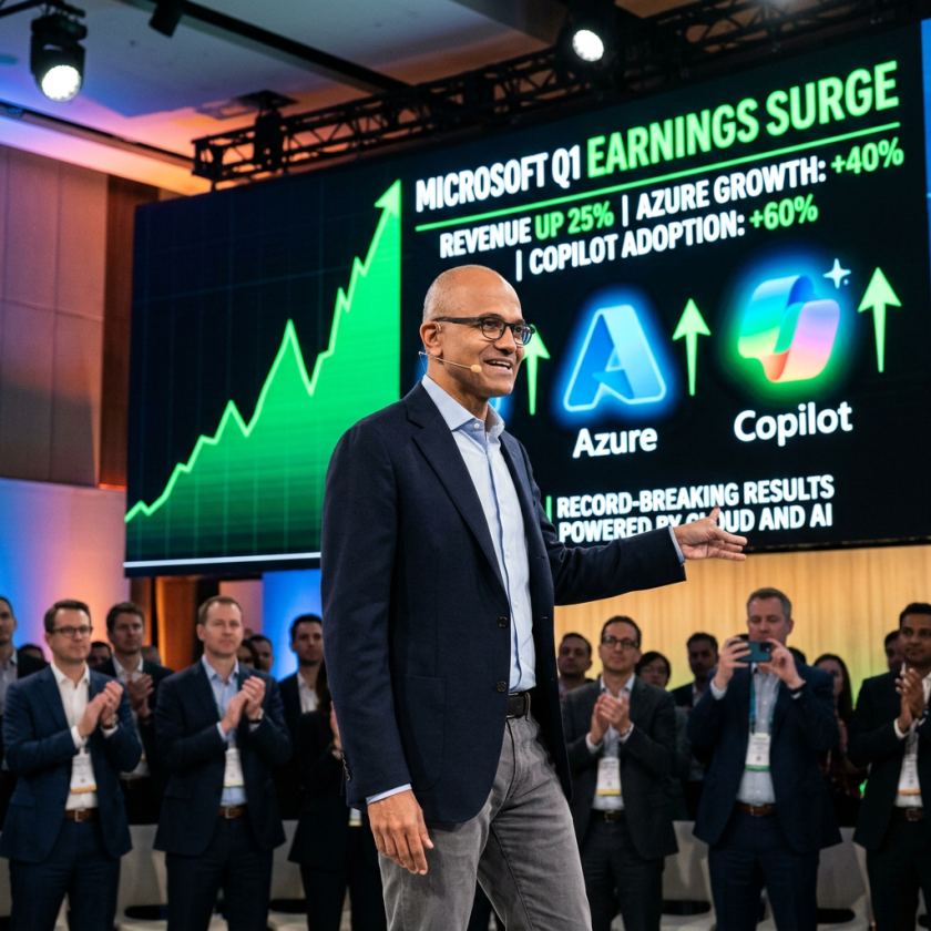Microsoft CEO presenting Q1 earnings surge with revenue up 25%, Azure growth 40%, Copilot adoption 60%