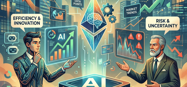 Two men debating AI's role in investing with graphs and AI-related icons