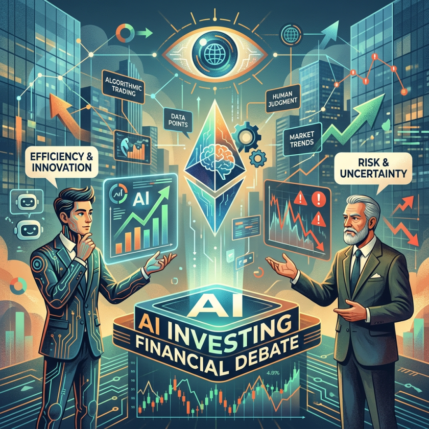 Two men debating AI's role in investing with graphs and AI-related icons