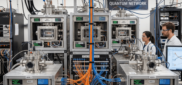 Trapped-ion quantum network laboratory setup with connected ion trap modules and researchers