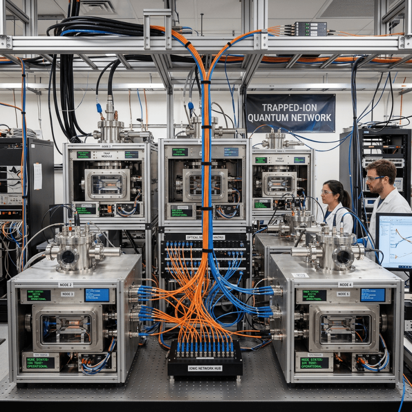 Trapped-ion quantum network laboratory setup with connected ion trap modules and researchers