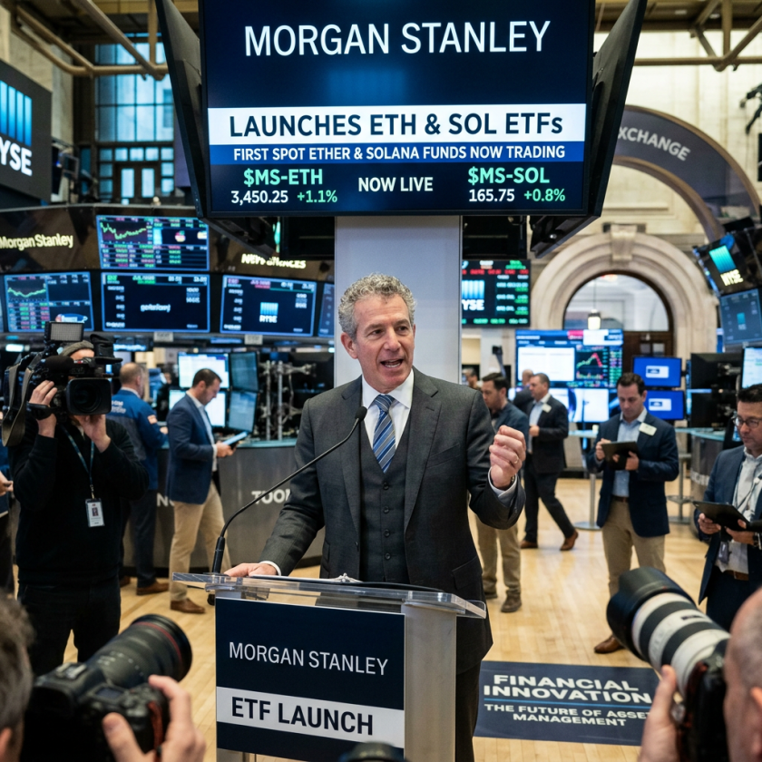 Morgan Stanley executive speaking at a podium during the launch of ETH and SOL ETFs at the stock exchange