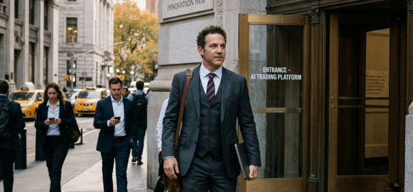 Businessman walking on sidewalk in front of AI Trading Platform entrance in Wall Street