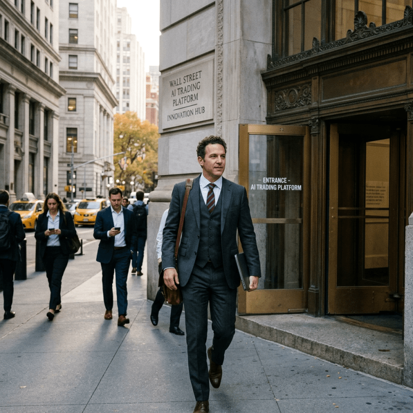 Businessman walking on sidewalk in front of AI Trading Platform entrance in Wall Street