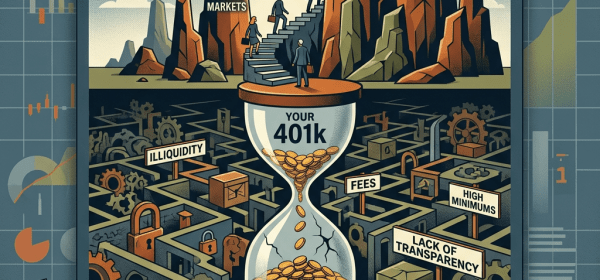 Hourglass labeled Your 401k surrounded by maze with risks like illiquidity, fees, and lack of transparency