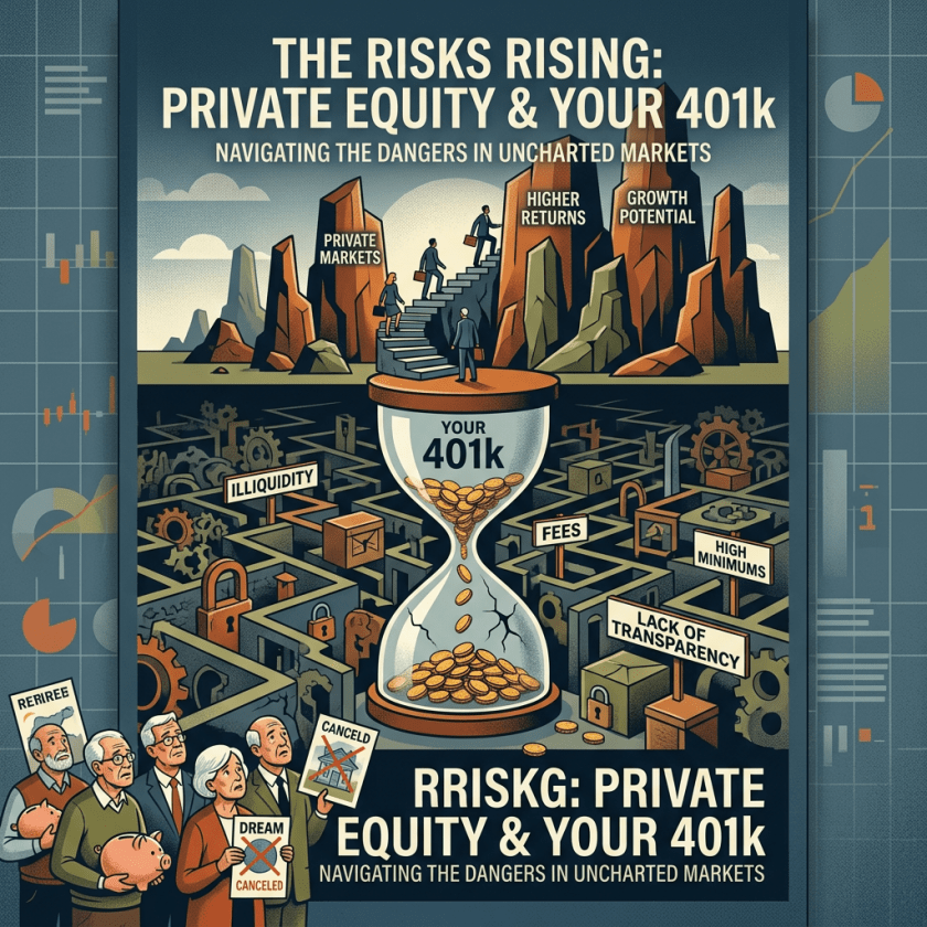 Hourglass labeled Your 401k surrounded by maze with risks like illiquidity, fees, and lack of transparency