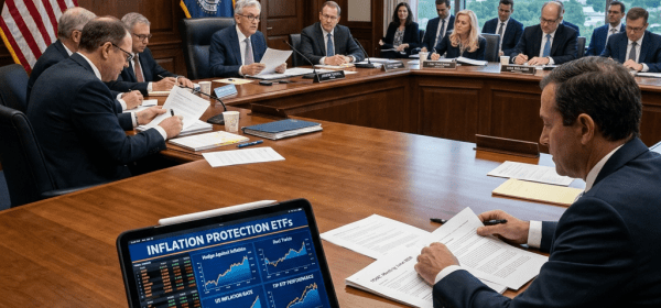 Federal Reserve officials in a meeting room reviewing economic data and inflation protection ETFs on a tablet