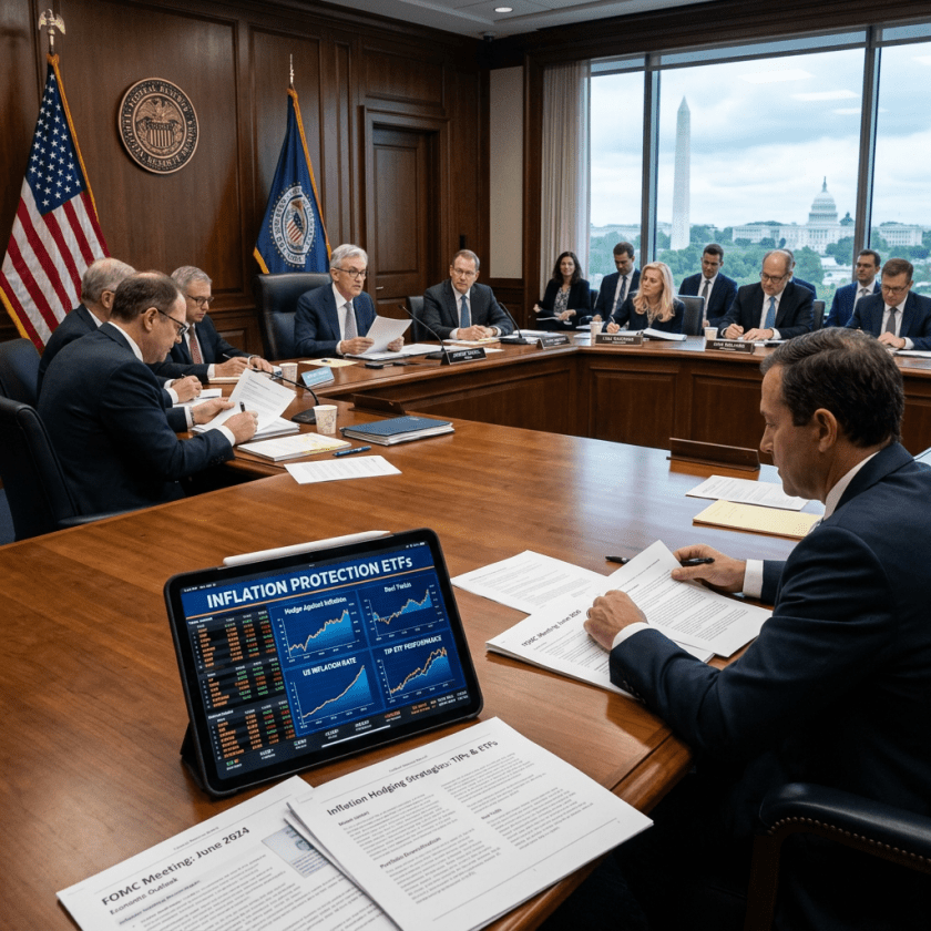 Federal Reserve officials in a meeting room reviewing economic data and inflation protection ETFs on a tablet