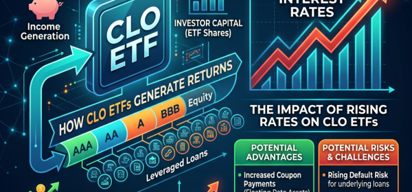 Infographic showing CLO ETFs generating returns from leveraged loans with impact of high interest rates